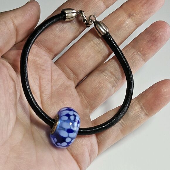 **Sale** Pandora Black Cord Bracelet W/ Large Blue Flowered Murano Glass Bead 7" - Picture 2 of 16